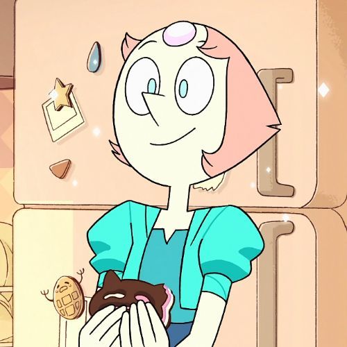 a cartoon character holding a donut in front of a refrigerator