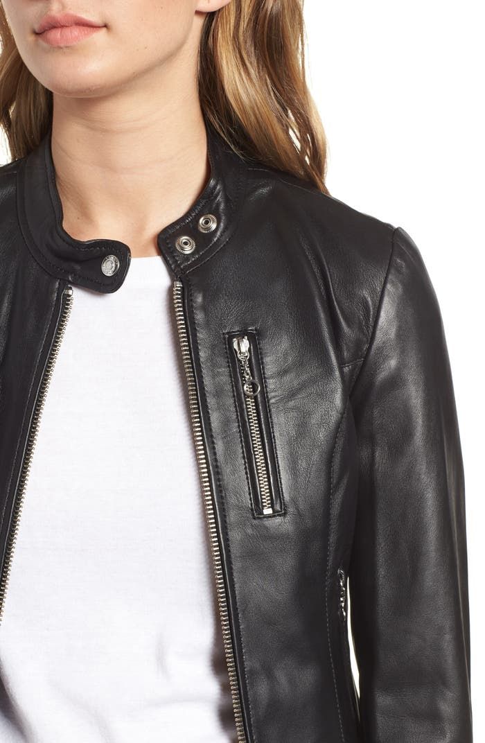 Schott NYC Lambskin Leather Moto Jacket | Nordstrom Moto Leather Jacket With Zipper Closure For Work, Sleek Leather Jacket With Zipper Closure, Edgy Fitted Leather Jacket With Metal Zipper, Leather Biker Jacket With Zipper Pocket, Fitted Leather Jacket With Metal Zipper, Fitted Leather Jacket With Zip Cuffs For Spring, Fitted Leather Jacket With Metal Zipper For Spring, Spring Leather Jacket With Zip Cuffs, Classic Biker Jacket With Asymmetrical Zip