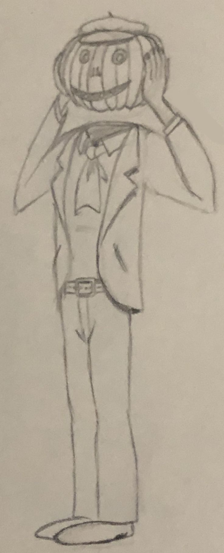 a drawing of a man in a suit and tie with his hands on his head