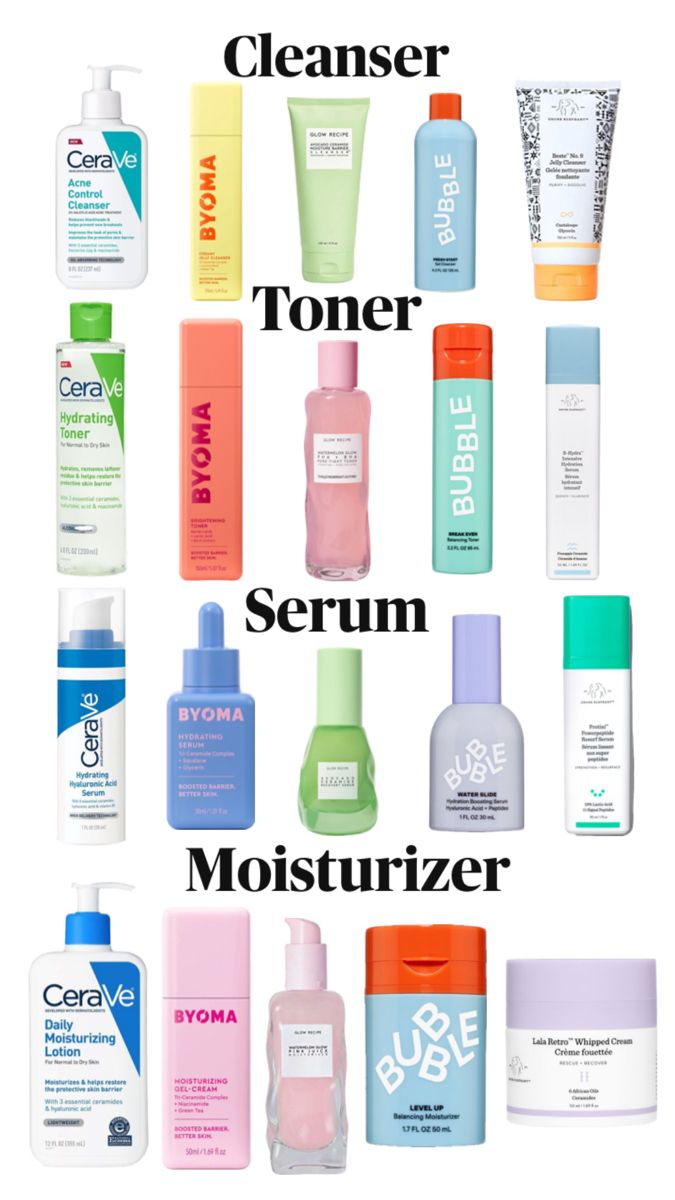 many different types of skin care products on a white background with the words cleanser toner, serum moisturizer and more