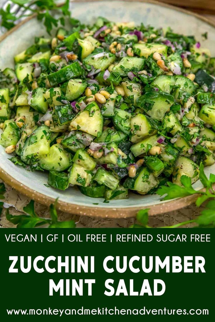 zucchini cucumber mint salad in a white bowl with text overlay