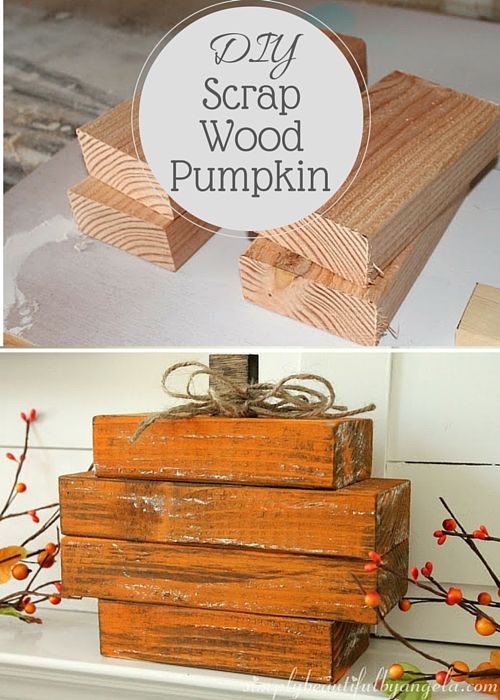 some wood is stacked on top of each other and the words diy scrap wood pumpkin are