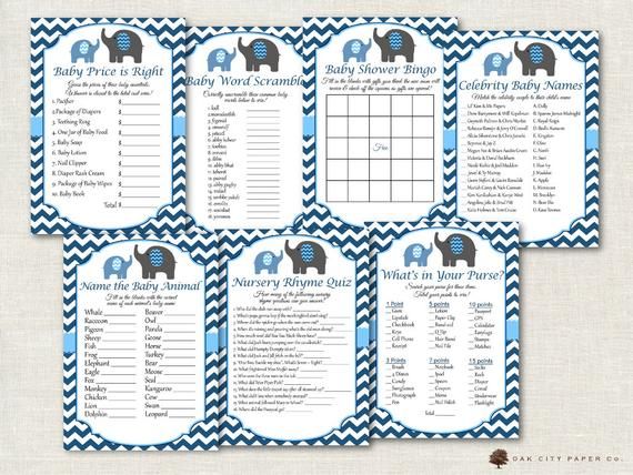 baby shower game with blue and white chevrons, elephants on the back ground