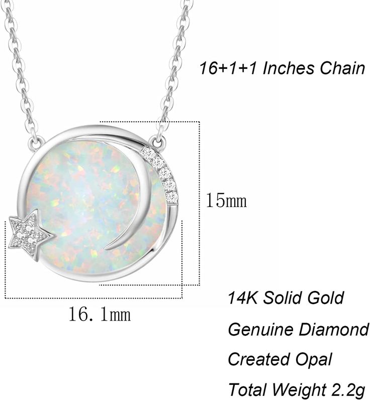 [MATERIALS]: Made with 14k solid white gold and set with genuine white round diamond stones. Made to last a lifetime, strong and durable! All the metals we use are lead free, nickel free and hypoallergenic. [MEANING]: Celestial theme coin design with most loved moon and stars, overlayed with a created white opal disc base brings this star necklace to a next level that would impress everyone at a glance. [MEASUREMENTS]: Disc pendant measures 16.5 X 15 X 3MM. Total Carat Weight: 8 pcs 1mm white di White Round Celestial Jewelry, White Moon Shaped Celestial Jewelry, White Moon-shaped Celestial Jewelry, White Celestial Moon Jewelry, White Celestial Jewelry, White Crescent Diamond Jewelry, White Gold Moon Shaped Cubic Zirconia Jewelry, Celestial White Jewelry With Birthstone, White Round Celestial Necklace