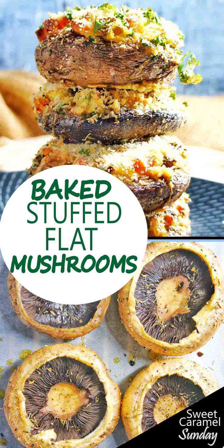 baked stuffed flat mushrooms with text overlay