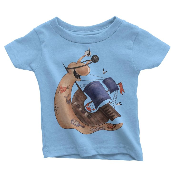 a blue t - shirt with an image of a snail riding a ship on it