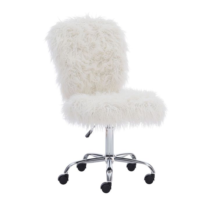 a white office chair with wheels and a furry seat cover on it's back