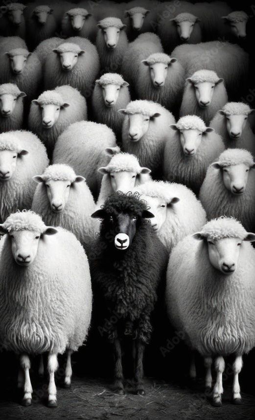 a herd of sheep standing next to each other in front of a black and white background