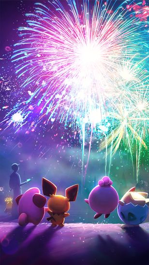 pokemon let's go, pikachu and friends are watching fireworks in the sky