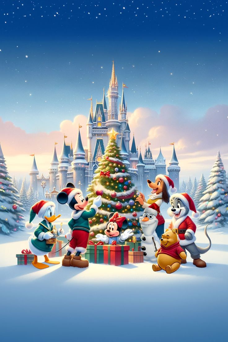 mickey mouse and friends around a christmas tree in front of a castle with santa's helpers