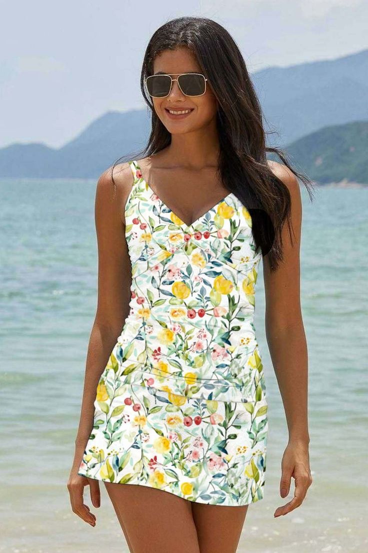 Floral V-Neck Two Pieces Tankini Set With Skirt Spring V-neck Top For Poolside, Beachy V-neck Swimwear For Spring, Casual V-neck Swimwear For Pool, Printed V-neck Swimwear For Beach, Printed V-neck Beachwear Swimwear, V-neck Swim Dress For Vacation, V-neck Swimwear For Summer Parties, Multicolor V-neck Tankini For Swimming, Summer V-neck Swimwear For Summer Parties