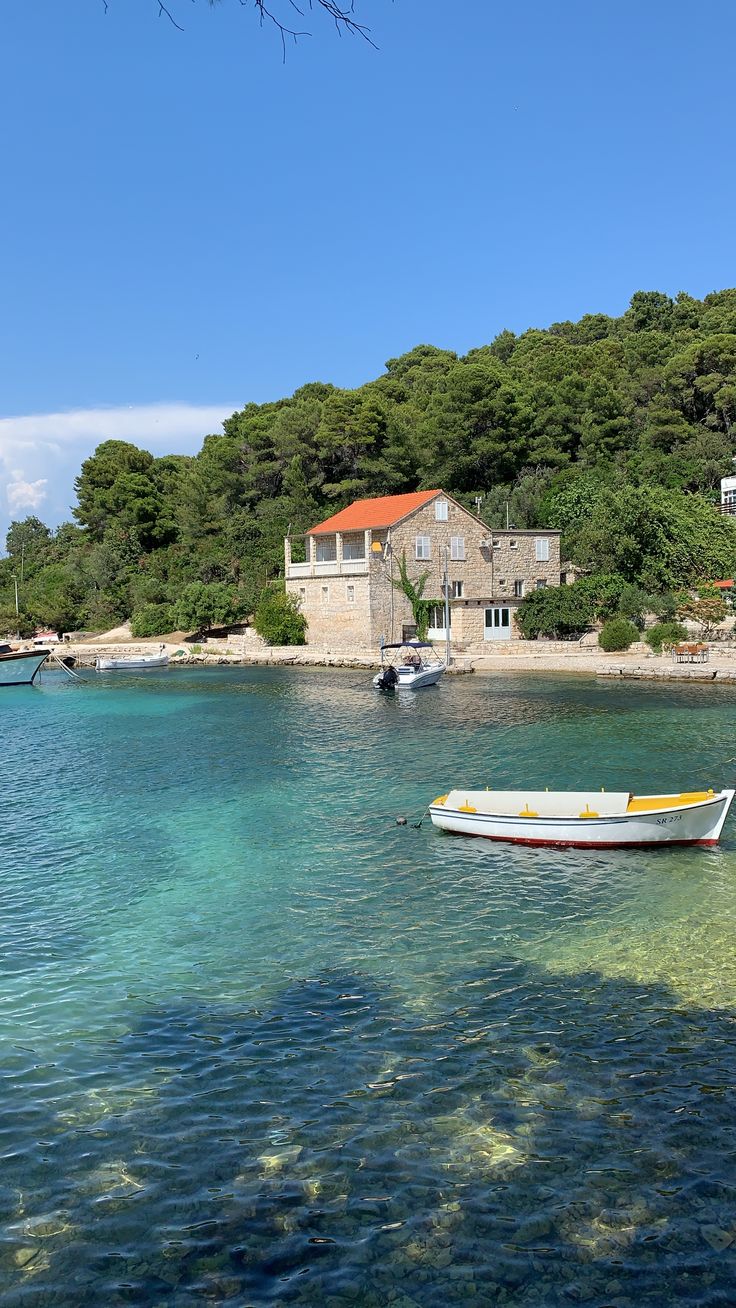 two boats floating in the water next to a shore with houses and trees on it