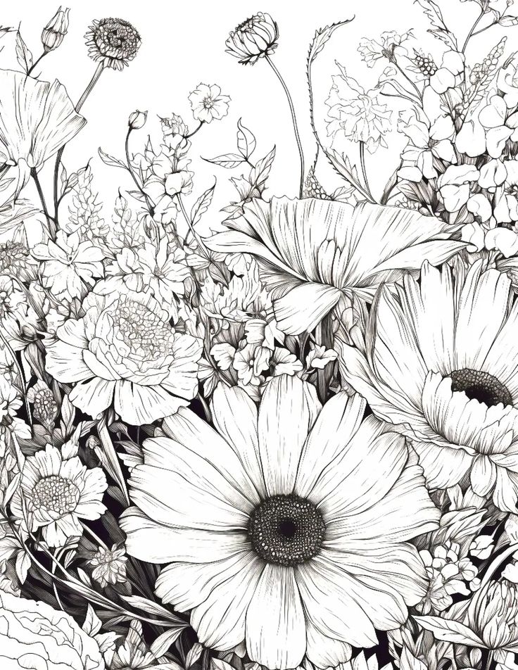 a black and white drawing of flowers in the middle of a field with lots of leaves