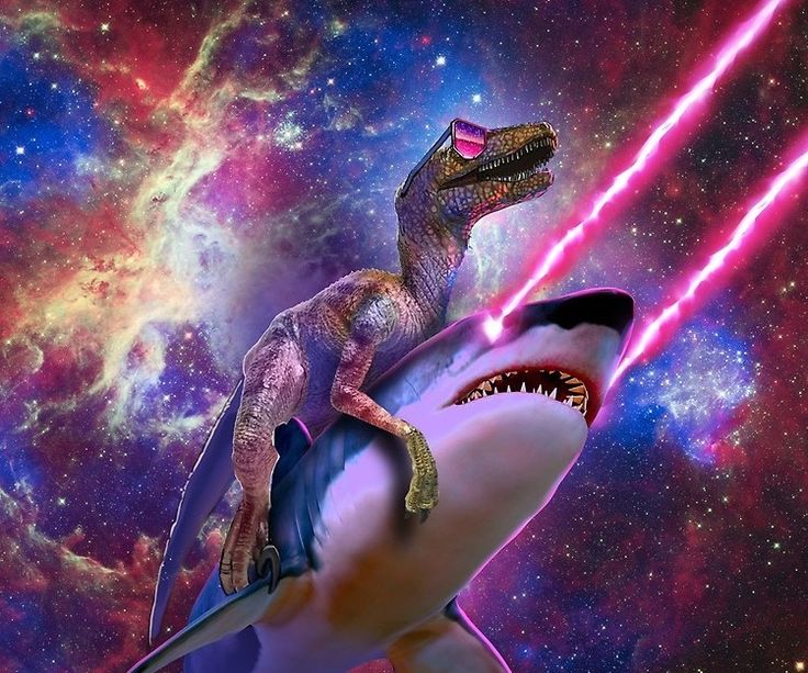 an image of a dinosaur attacking a shark in the space with stars and clouds behind it