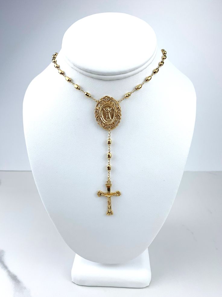 18k Gold Filled Beaded Chain Divine Child, Divino Nino Rosary Necklace, Religious Jewelry, Wholesale Jewelry Making Supplies-Size:Thickness: 1.5mm | Length: 25.5 inches | Drop Length: 3.9 inches | Cross Length: 1.2 inches | Cross width: 0.7 inches Gold Spiritual Jewelry With Beaded Chain, Spiritual Gold Beaded Chain Jewelry, Spiritual Gold Jewelry With Beaded Chain, Gold Beaded Chain Rosary As Gift, Gold Rosary With Beaded Chain, Gold Rosary With Beaded Chain As Gift, Gold Beaded Chain Rosary, Adjustable Gold Necklace With Polished Beads, Adjustable Gold Ball Chain Jewelry