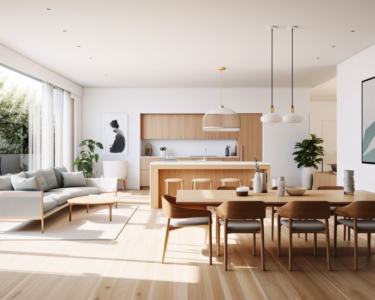 a living room and dining area with wood flooring in the middle, large windows on both sides