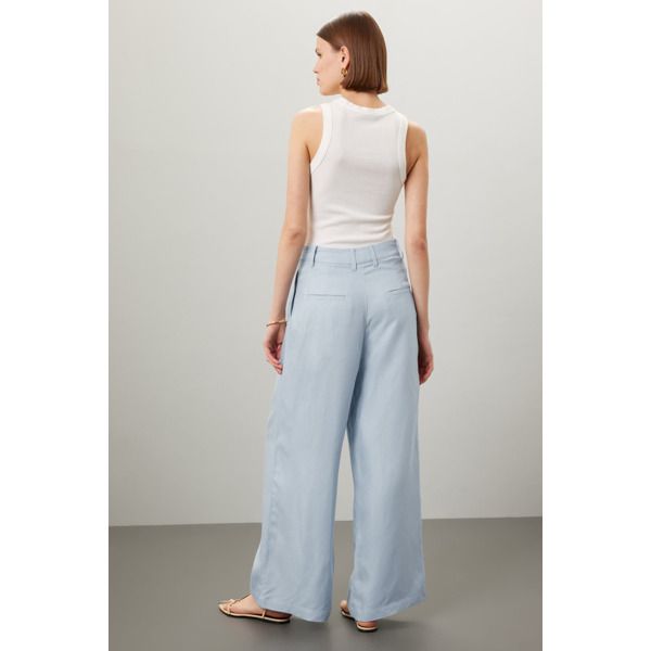 Light blue linen (80% Tencel, 20% Linen). Pants. Front zipper fly with button closure. 28.5" inseam. 16" rise. 28.5" leg opening. Imported. Spring Linen Wide Leg Pants For Business Casual, Spring Business Casual Linen Wide Leg Pants, Summer Linen Wide Leg Pants For Business Casual, Spring Linen Straight Leg Jeans, Flax Wide Leg Pants For Work, Wide Leg Flax Pants For Work, Flax Wide Leg Pants For Spring Workwear, Spring Workwear Wide Leg Pants In Flax, Spring Flax Wide Leg Pants For Work