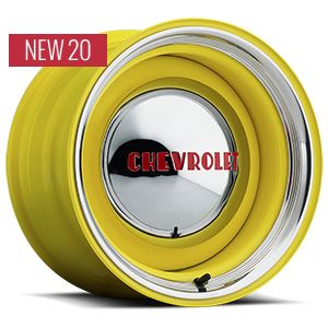 a yellow wheel with the word chevrolet on it's center hole and chrome spokes