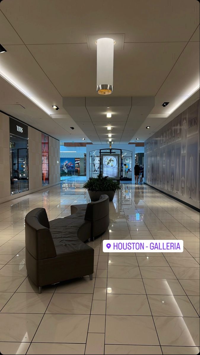 an empty lobby with two black chairs and a plant in the center on the floor