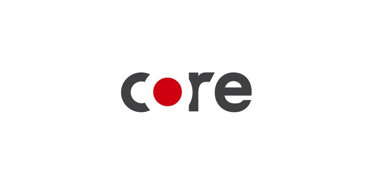 the word core is written in black and red on a white background with an orange dot