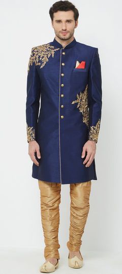 Blue color Sherwani in Art Silk fabric with Embroidered, Thread, Zari work Blue Sherwani, Sherwani For Men, Wedding Sherwani, Indian Bridal Wear, Navy Blue Wedding, Blue Party, Indian Clothes, Zari Work, Designer Sarees