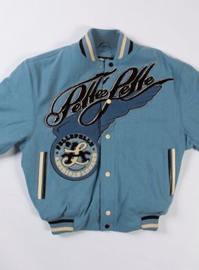 Light Blue Varsity Jacket, Blue Varsity Jacket, Green Varsity Jacket, Pelle Pelle Jackets, Boys Leather Jacket, Leather Jacket Patches, Light Blue Jacket, Winter Leather Jackets, Tan Leather Jackets