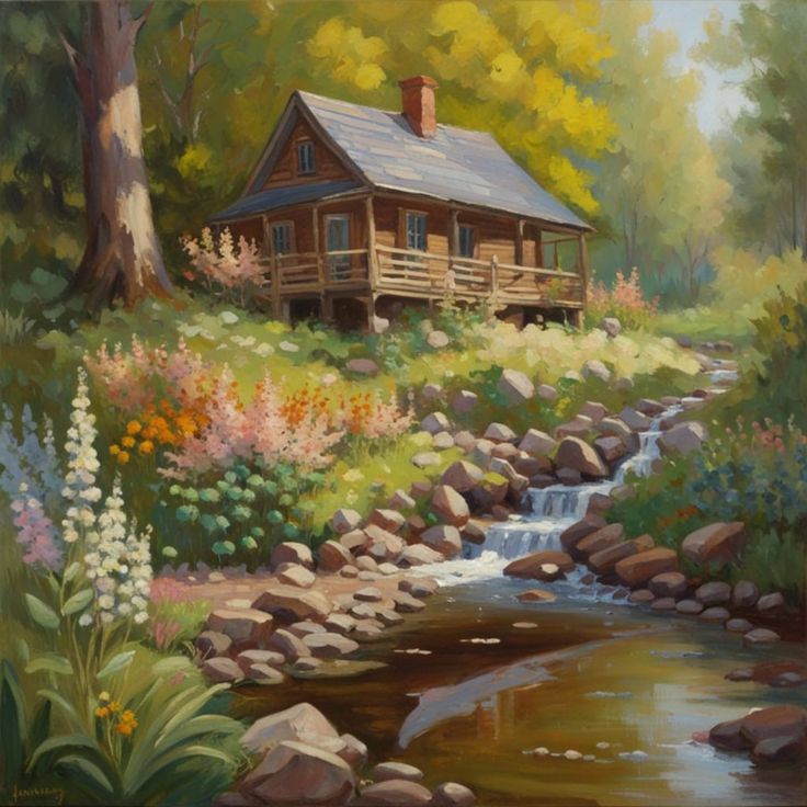 a painting of a log cabin in the woods with flowers and stream running through it