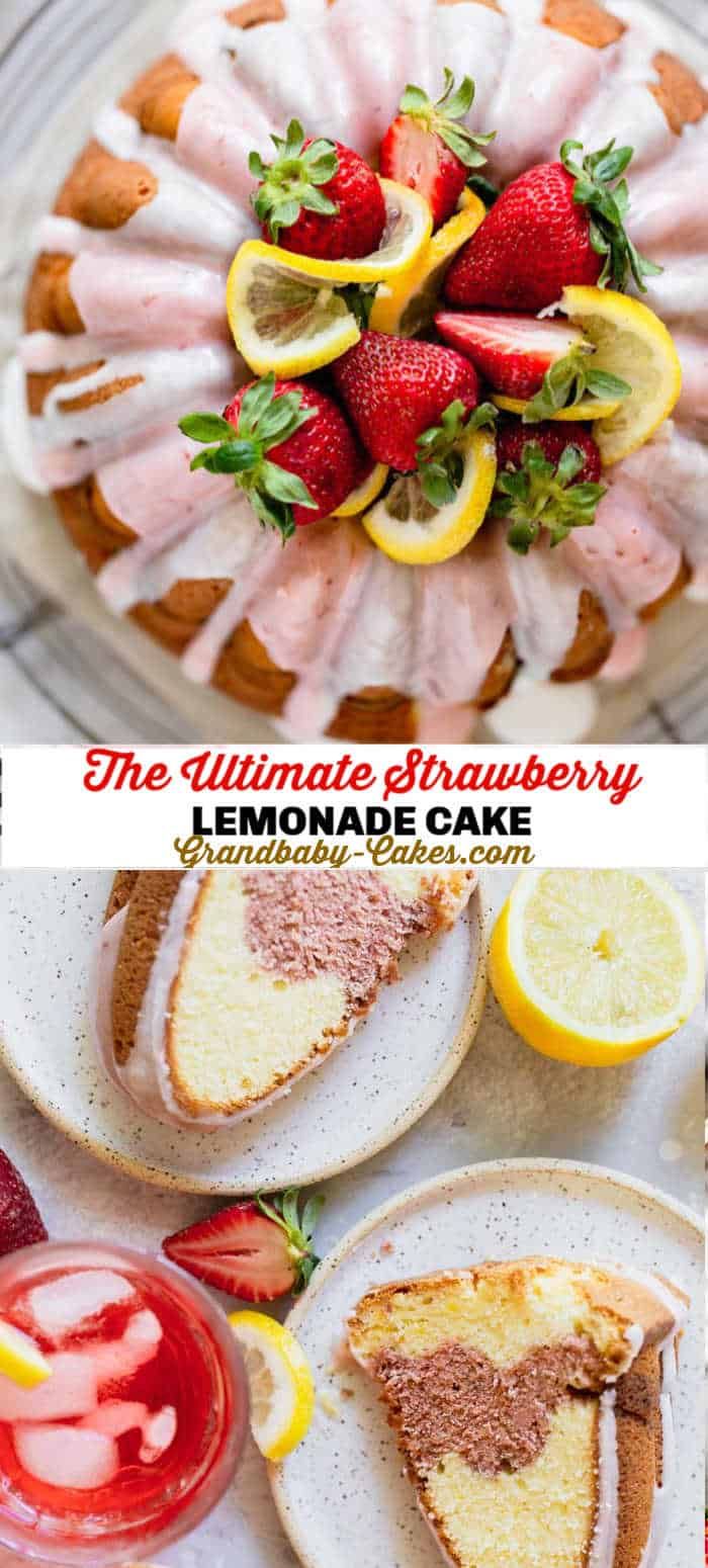 the ultimate strawberry lemonade cake is ready to be cut into slices and put on plates