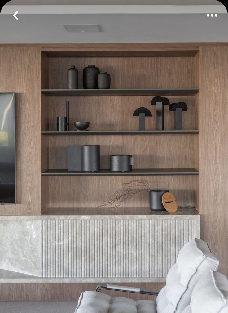 a living room filled with furniture and shelves