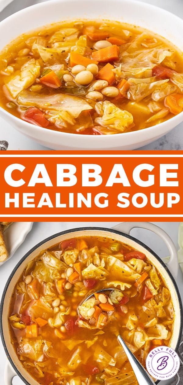 two bowls of cabbage soup with carrots and other vegetables