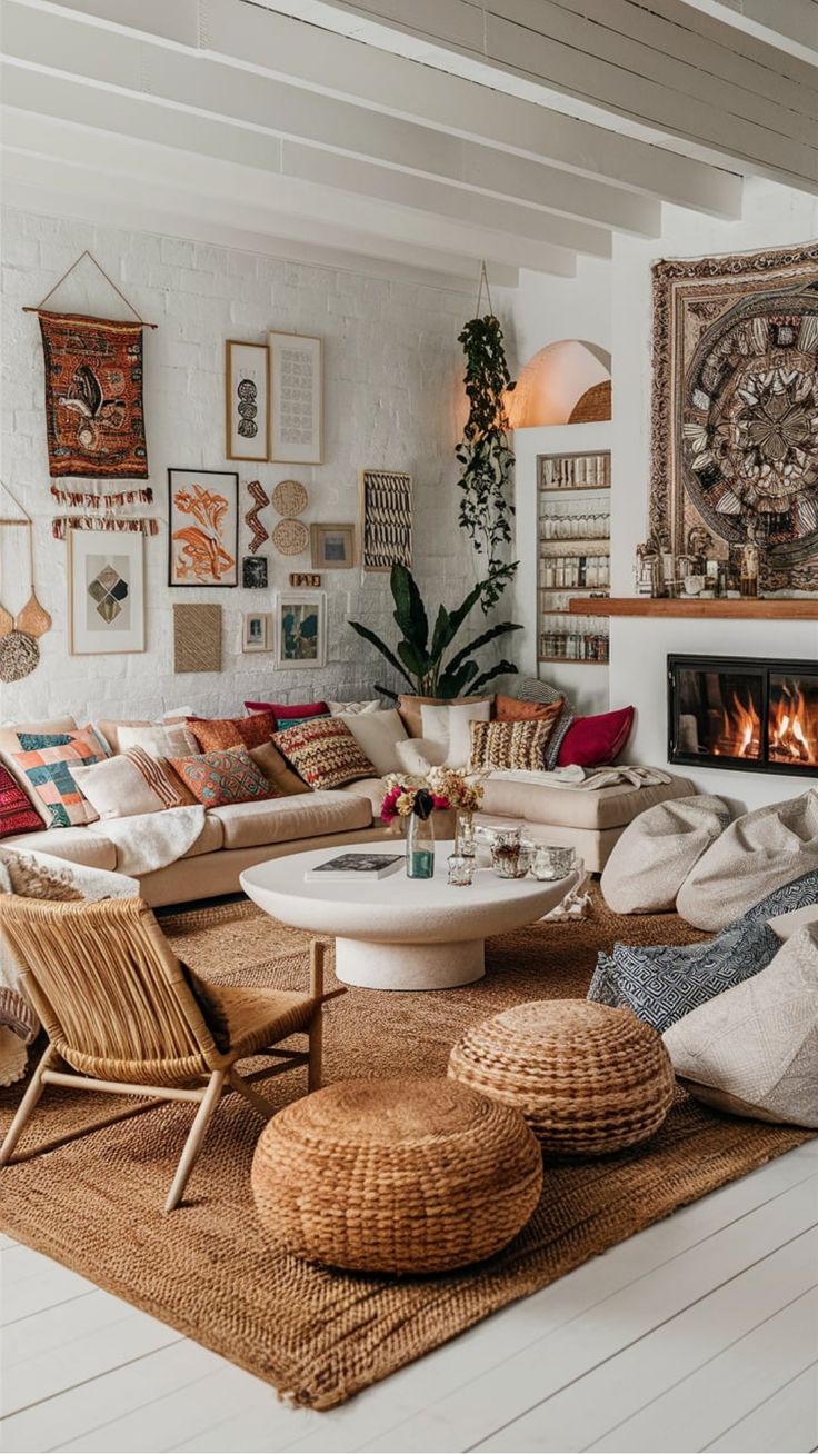 Bohemian-style living room with a cozy sofa, woven decor, and vibrant textiles. Macrame Wall Hanging Over Couch, Bobo Chic Home Living Rooms, Minimalist Living Room Pop Of Color, White Couch Boho Living Room, Minimal Bohemian Living Room, Bold Boho Living Room, Masculine Boho Living Room, Beige Living Room With Pop Of Color, Boho Eclectic Living Room Ideas