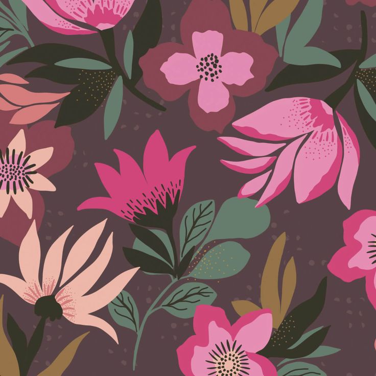 a floral pattern with pink flowers and green leaves