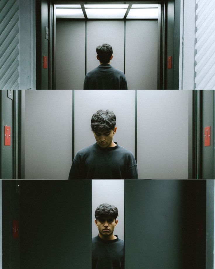 four different shots of a man in the elevator with his head turned to the side