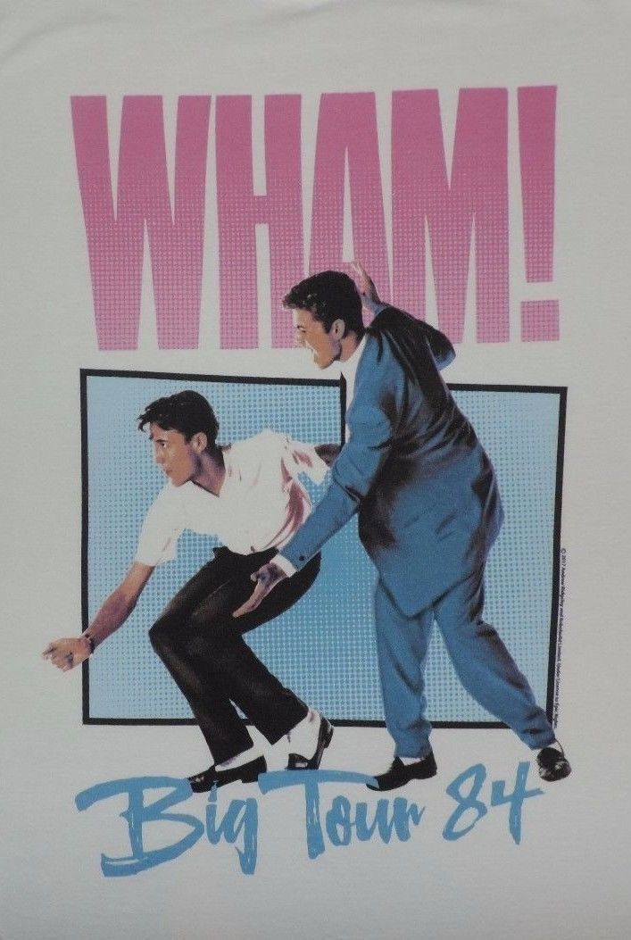 the poster shows two men dancing together in front of a blue and pink background that says wham