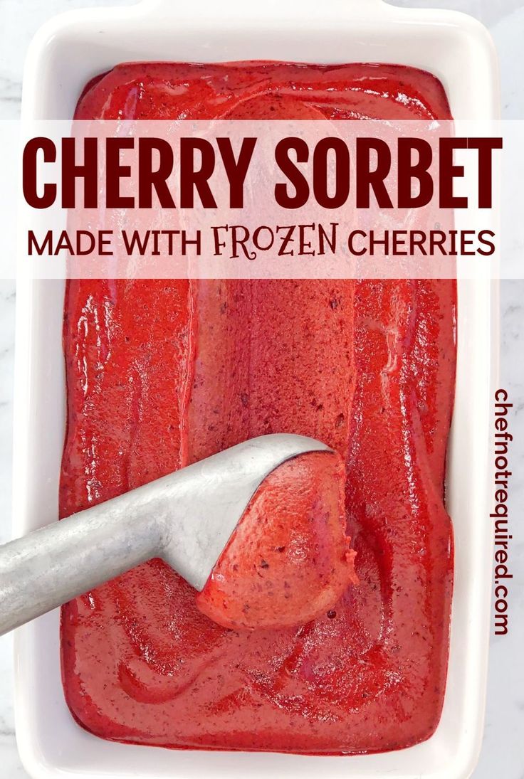 a white bowl filled with strawberry sorbet next to a spoon and text overlay reads cherry sorbet made with frozen cherries