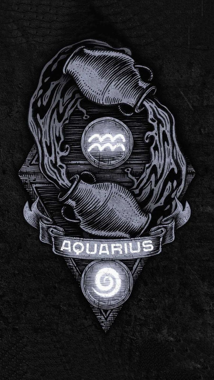 the aquarius logo is shown in black and white, with flames coming out of it