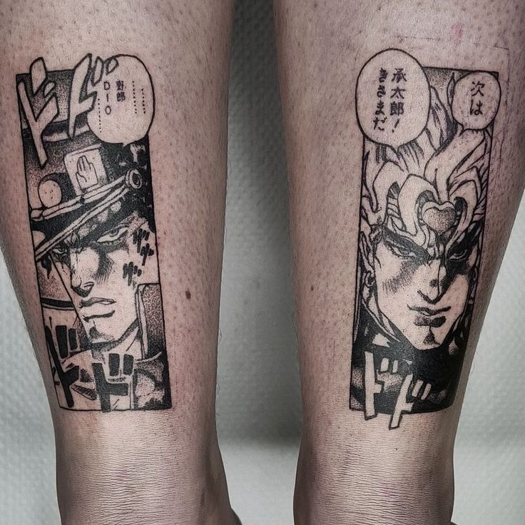 two people with tattoos on their legs