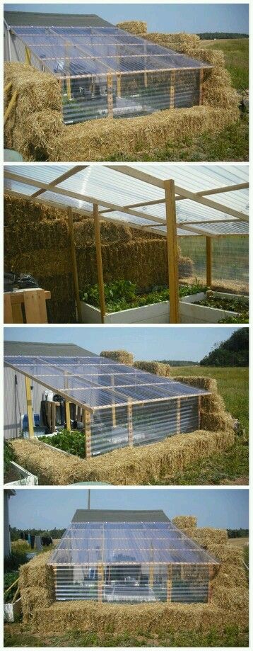 two pictures showing the inside and outside of a house with hay on the ground in front