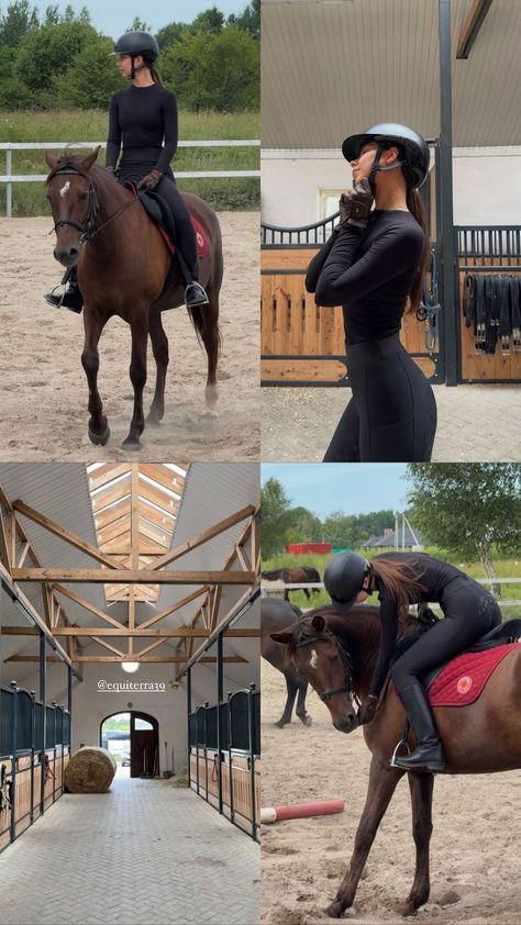 several photos of women riding horses in an arena