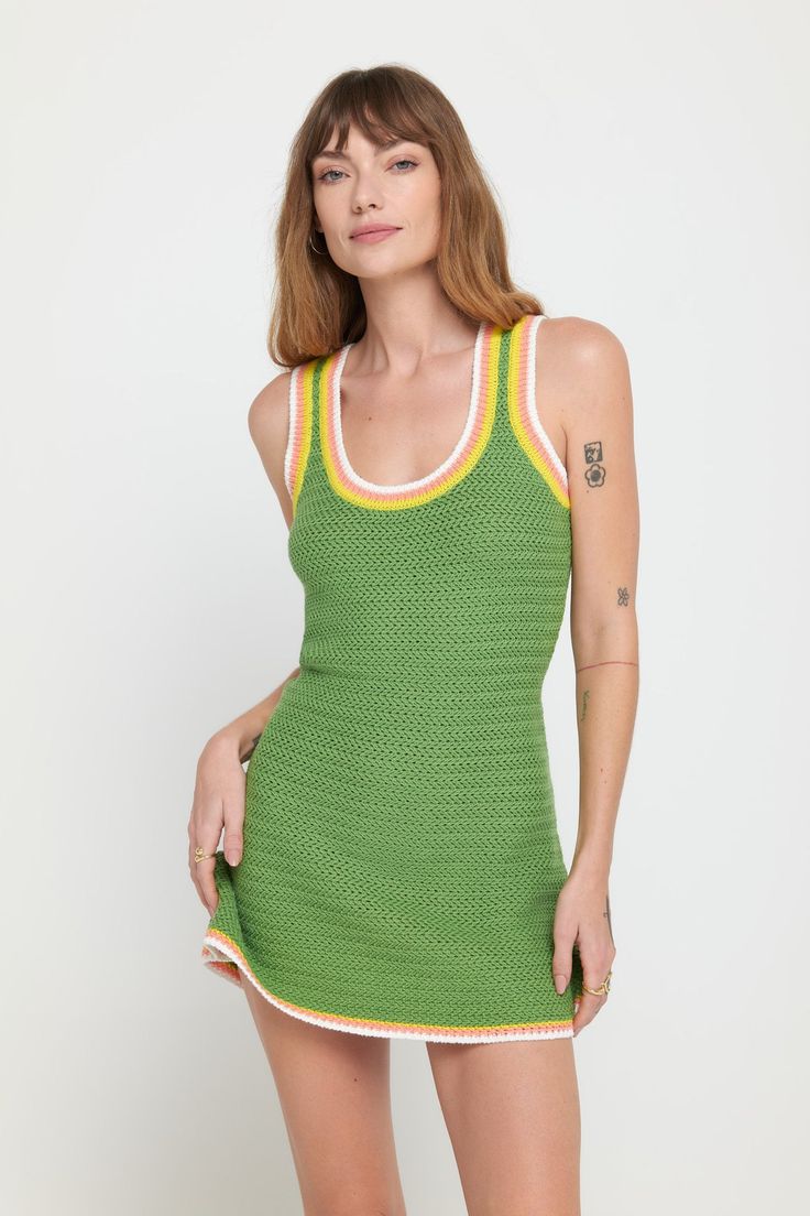 Tight knit. A fitted, short-length, crochet stitch dress with a scoop neckline and multi-color pop stripe edges. Made in our Crochet Knit fabrication, this 100% cotton yarn is super soft, and the open stitch makes these items perfect for hot summer days and warm summer nights. | River Crochet Dress in Cactus Lose Knit Dress, Knit Dress No Sleeve, Knit Dress Layer, Crochet Mini Dress Party, Sleevless Knit Dress, Short Knitted Dresses, Cactus Dress Women, Loose Knit Crochet Dress, Crotchet Dress Summer