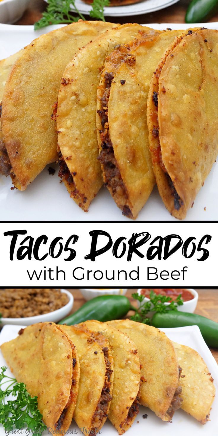 A double photo collage of tacos lined up on a white plate with sprigs of parsley on the plate. Taco Recipes Ground Beef, Beef Tacos Recipes, Tacos Dorados, Mexican Food Recipes Easy, Ground Beef Recipes For Dinner, Recipes For Dinner, Beef Recipes Easy, Beef Dinner, Beef Recipes For Dinner