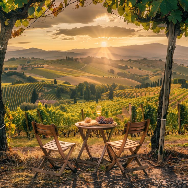 two wooden chairs sitting at a table in the middle of a vineyard