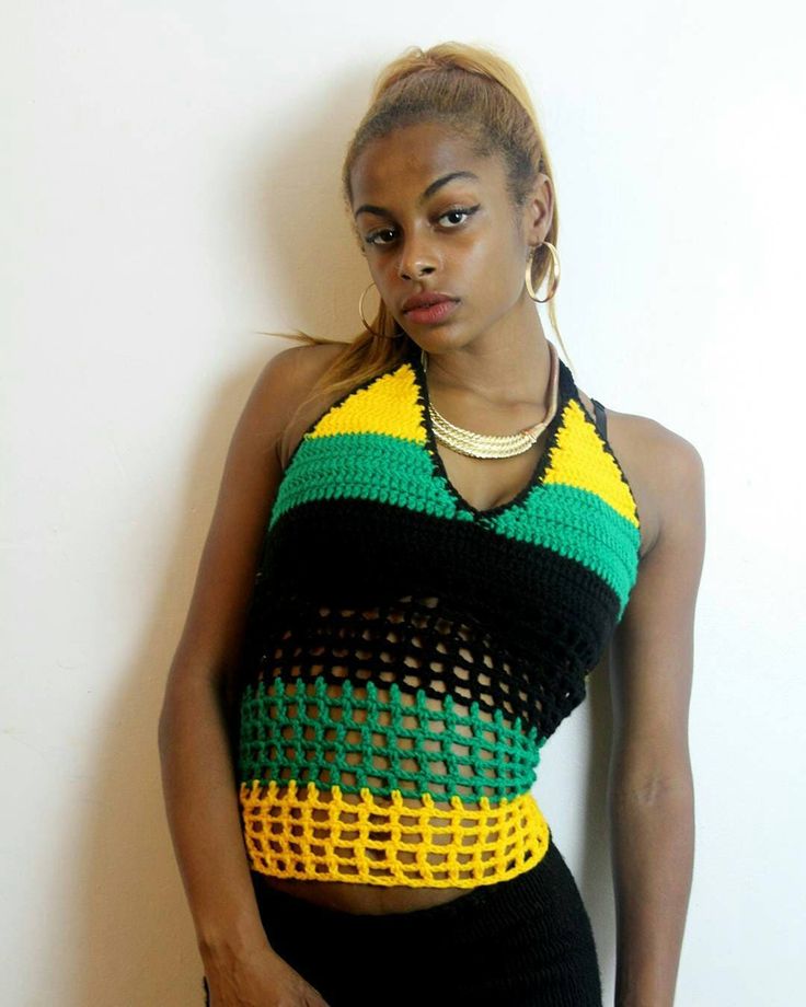 Jamaican handmade halter top with mesh pattern. 100% soft Acrylic. Stretch Multicolor Mesh Top For Summer, Multicolor Mesh Top For Summer, Fitted Mesh Top For Summer Vacation, Beach Mesh Crop Top With Stretch, Beach Mesh Stretch Crop Top, Beach Stretch Mesh Crop Top, Fitted Mesh Beach Top, Stretch Mesh Crop Top For The Beach, Fitted Mesh Top For Beach