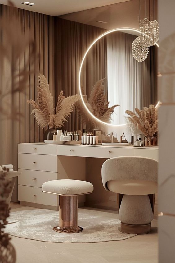 a bathroom with a round mirror and stools in front of the vanity area,