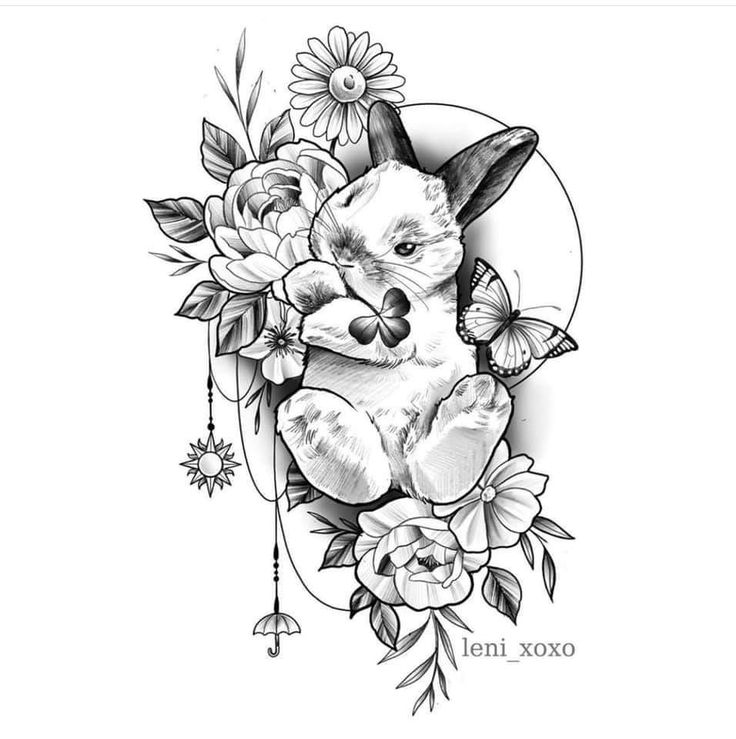 an ink drawing of a teddy bear surrounded by flowers and butterflies