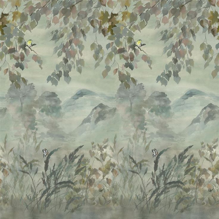 an artistic painting of trees and mountains in the foggy sky with birds perched on branches