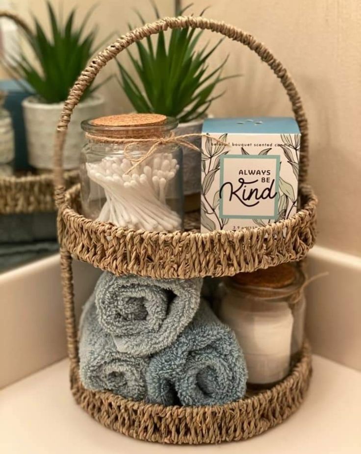 a basket filled with towels and other items