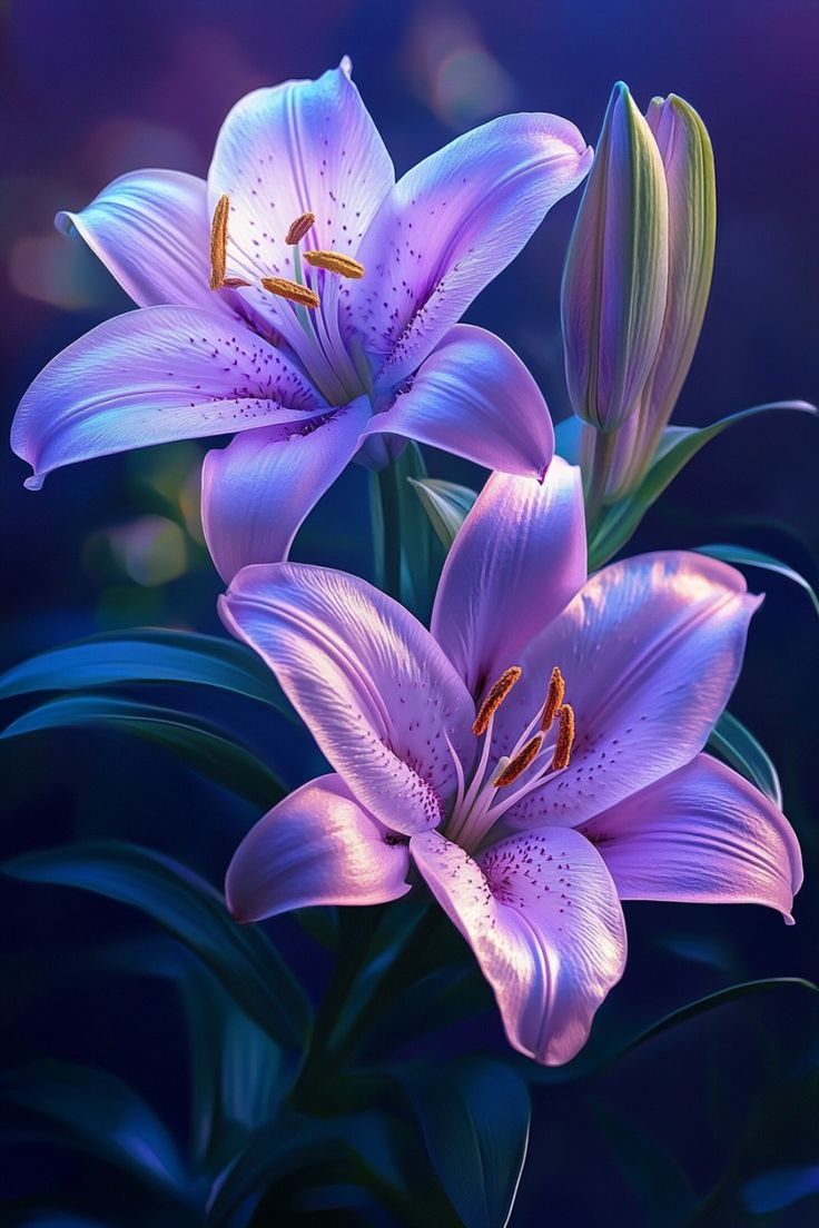 two purple lilies with green leaves on a dark blue background, one is in the foreground