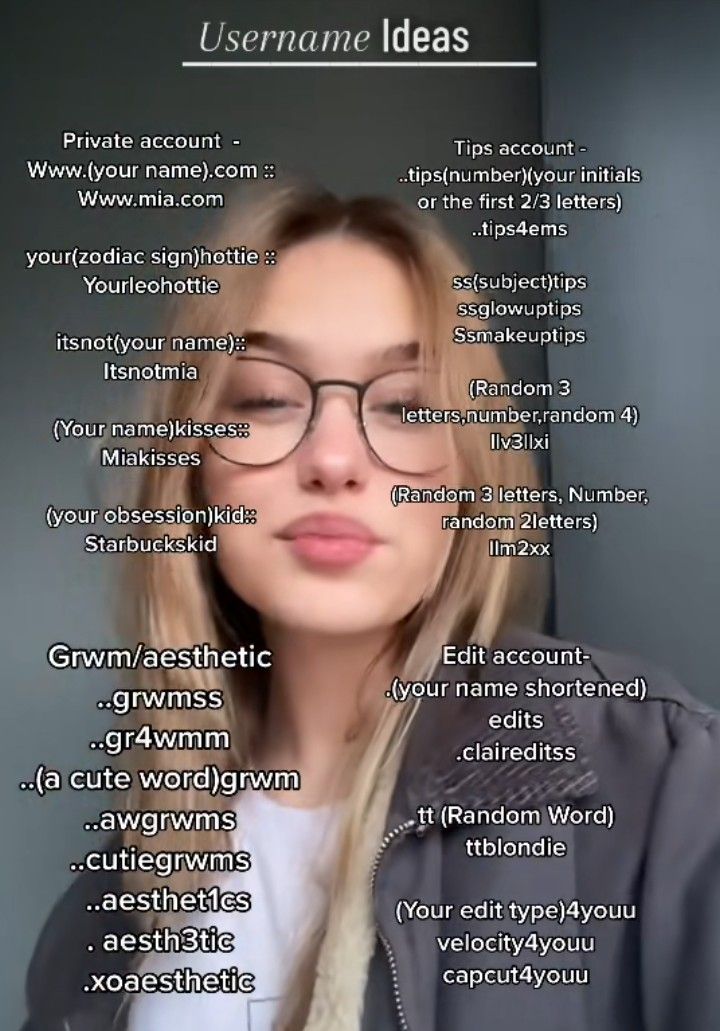 a woman wearing glasses with the words username ideas above her head and below her face