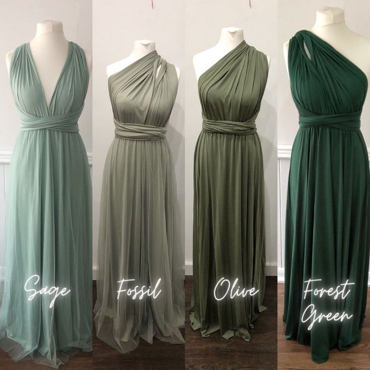 three different types of dresses on mannequins, one in green and the other in grey